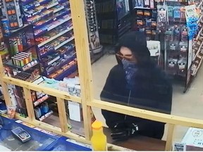 Sarnia police are asking the public for tips after they say a suspect robbed a Russell Street convenience store shortly before 10 p.m. on Sunday, April 17, 2022. (Sarnia police)