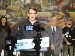 Monte McNaughton, Ontario's minister of labour, training and skills development, speaks on April 22, 2022 in Sarnia while announcing provincial funding for a training project for members of the plumbers and pipefitters union.