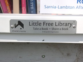 Dela Horley's little free library on O'Rae Avenue in Sarnia.  (Tyler Kula/ The Observer)