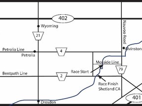 The Sydenham River Canoe and Kayak Race start and finish locations.  The starting line is located at Mosside Line (42° 44′ 00.80″ N, 81° 55′ 50.15″ W) with the finishing line located at Shetland Conservation Area (42° 42′ 34.72″ N, 81° 58′ 26.40″ W ).  (Handout)