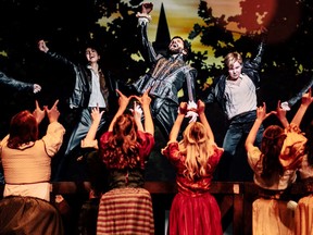 Paul Skuza as William Shakespeare, centre, is shown in a scene from the Theatre Sarnia show, Something Rotten, opening May 20 at the Imperial Theatre in Sarnia, in this photo by Emily Nutson.