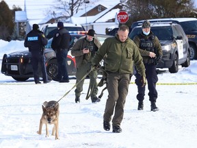 Ontario Provincial Police and the Anishnaabe Police were on the scene of a shooting on Albert Street in Espanola, Ont. on Thursday January 21, 2021. Ten people were later charged. John Lappa/Sudbury Star/Postmedia Network