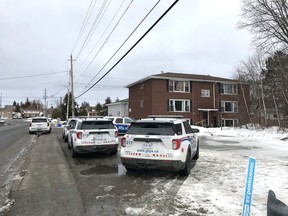 About eight police vehicles, along with an ambulance, were present outside an apartment building on Orell Street in Garson on Thursday evening. Greater Sudbury Police charge a man in a threatening case. Ben Leeson/Sudbury Star