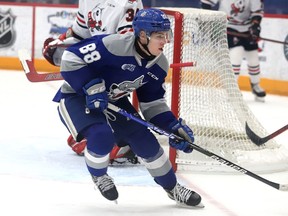 David Goyette, of the Sudbury Wolves, follows the play during OHL action against the Niagara IceDogs at the Sudbury Community Arena in Sudbury, Ont. on Tuesday April 5, 2022. John Lappa/Sudbury Star/Postmedia Network