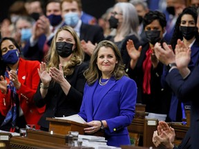 Canada's Finance Minister Chrystia Freeland gets standing ovation, as she delivers the 2022-23 budget in the House of Commons on Parliament Hill in Ottawa, Ontario, Canada, April 7, 2022. REUTERS/Blair Gable
