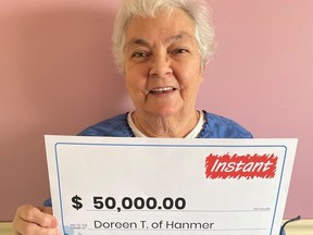 Doreen Tremblay of Hanmer is celebrating after winning a $50,000 prize with Instant Gift Pack. The winning ticket was purchased at Esso on the Run on Highway 69 in Val Caron. Instant Gift Pack available for $10 a play and the top prize is $50,000. Odds of winning any prize are 1 in 3.08. OLG photo