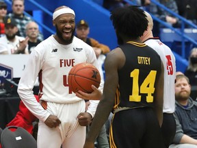 Dexter Williams Jr., of the Sudbury Five, sneers at the London Lightning bench during basketball action at the Sudbury Community Arena in Sudbury, Ont. on Thursday April 14, 2022. John Lappa/Sudbury Star/Postmedia Network
