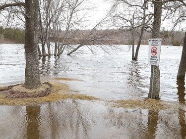 An area at Centennial Park in Whitefish, Ont. is partially submerged because of flowing water from Vermilion River on Monday April 18, 2022. John Lappa/Sudbury Star/Postmedia Network