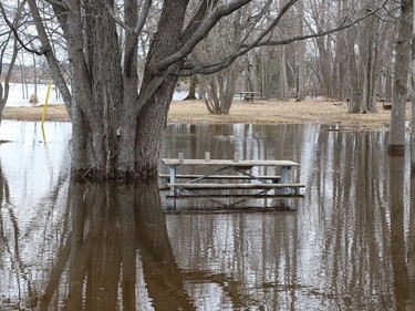 An area at Centennial Park in Whitefish, Ont. is partially submerged because of flowing water from Vermilion River on Monday April 18, 2022. John Lappa/Sudbury Star/Postmedia Network