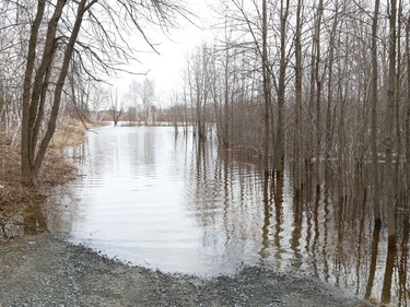 The boat launch road at Centennial Park in Whitefish, Ont. is covered in water on Monday April 18, 2022. John Lappa/Sudbury Star/Postmedia Network
