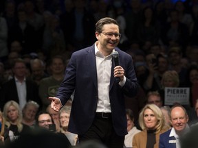 Conservative party leadership candidate Pierre Poilievre speaks to a crowd of supporters at the River Cree Resort and Casino, on the Enoch Cree Nation just west of Edmonton, Thursday April 14, 2022.