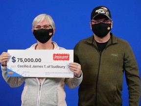 Cecilia and James Tackaberry of Sudbury are $75,000 richer after winning the top prize with Instant Twisted Treasures. OLG photo