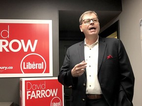 David Farrow, Liberal candidate for Sudbury in the June 2 provincial election, speaks to supporters while opening his campaign office in downtown Sudbury on April 23.