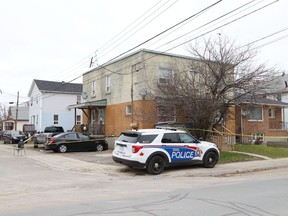Greater Sudbury Police on the scene of stabbing incident on King Street and Kehoe Avenue in Sudbury, Ont. on Tuesday April 26, 2022. Police tweeted, "Attempt murder in the King St. area. Individuals believed to have known each other. No active threat to public. Victim stabbed and is stable." John Lappa/Sudbury Star/Postmedia Network