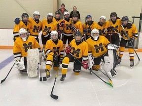 The Manitoulin Secondary School Mustangs girls hockey team poses for a group photo. First Nation players on the team say they endured racist gestures and taunts during two games against the Macdonald-Cartier Pantheres in March. Supplied