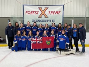 Silver medalists from the 2022 Eastern Canadian Ringette Championship, the U16A Forest Xtreme Ringette. Front row (from left to right): Brenna Scott, McKenna Mullins, Bella Core, Ava Joris, Shae Ravell, Lily Kloske. Back row (from left to right): Dwayne Roberts, Vicky Joris, Delaney Appeldorn, Stacey Marsh, Rowan Moffatt, Claudia McKinlay, Olivia Koolen, Avery Lines, Avery Goodhand, Natalie White, Sandra White, Tanya McKinlay, Mick Chalmers. 
Handout/Sarnia This Week