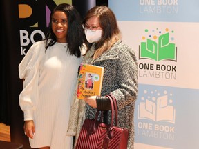 Olympian, broadcaster and author Perdita Felicien (left) spoke at a One Book Lambton event at the Sarnia Public Library Theater on April 22, regarding her memoir My Mother's Daughter.  Carl Hnatyshyn/Sarnia This Week