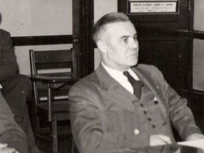 Councillors Les Bailey, Fred Quesnel and Philip Fay listen to Mayor Karl Eyre deliver his inaugural address in Timmins Council Chambers in early January 1948.

Supplied/Timmins Museum