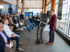 Kenora-Rainy River MPP Greg Rickford speaking at the GreenFirst mill announcement at the LOTW Discovery Centre on April 22.