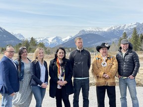Construction begins on a new wildlife overpass.(left to right) Chief Aaron Young with Chiniki First Nation, Lisa Rosvold, Reeve of M.D. of Bighorn, Miranda Rosin, MLA for Banff-Kananaskis, Rajan Sawhney, Minister of Transportation, Adam Linnard, Alberta program manager with Yellowstone to Yukon Conservation Initiative, Chief Clifford Poucette, Wesley First Nation and Wade Graham, Canmore Town Councillor. Photo Marie Conboy/ Postmedia.