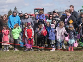 Children line up ready to hunt for foil-wrapped chocolate eggs in the 4-6 age division Saturday. (Chris Abbott/Norfolk and Tillsonburg News)