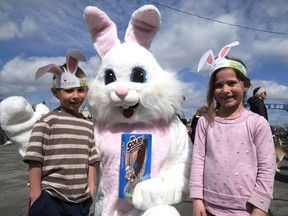 Connor and Chloe Bouttell met the Easter Bunny Saturday in Tillsonburg. (Chris Abbott/Norfolk and Tillsonburg News)