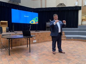 Mayor Bill Daneluik hosted the first of his semi-annual town hall meetings on Monday evening at École Secondaire Beaumont Composite High School. (Ted Murphy)
