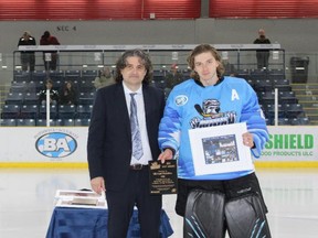 #88 Michael Nickolau, from Toronto, Ontario  earned  10 three-star selections, a  0.895 save percentage and the MVP award.