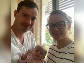 Andrew (left), Natalia (right) and baby Victoria (centre) are set to arrive in Beaumont on Tuesday, April 12 after fleeing war torn Ukraine.