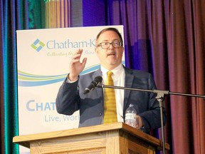 Chatham-Kent Mayor Darrin Canniff is predicting Wallaceburg will be one of the fastest-growing communities in Chatham-Kent. Canniff spoke during the first Breakfast with the Mayor, organized by the Wallaceburg and District Chamber of Commerce on April 7. Ellwood Shreve/Postmedia