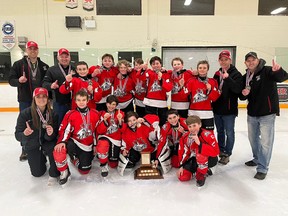 The Arran-Elderslie Minor Hockey Association (AEMHA) Ice Dogs under-13 representative team won the Western Ontario Athletic Association (WOAA) Lockridge Championship by defeating the BCH (Bayfield, Clinton Hensall) IceDogs in Hensall on March 30.

Back row (left to right):  Andrew Sopkowe (team manager), Greg Fritz (assistant coach), Owen Molnar, Simon Johnson, Alek Fritz, Ethan Sopkowe, Karden Calhoun, Owen Weir, Carter Mole, Scott Price (head coach), Greg Price (assistant coach). Front row (left to right): D’elle Calhoun (trainer), Porter Bates, Waylon Greig, Aidan Stephenson, Jesse Price, Brayden Price.