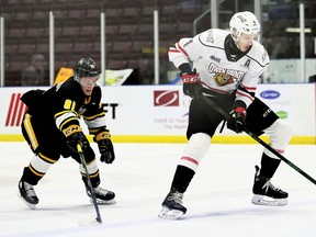 Owen Sound Attack's Igor Chibrikov, right, is chased by Sarnia Sting's Max Namestnikov in the first period at Progressive Auto Sales Arena in Sarnia, Ont., on Wednesday, Jan. 12, 2022. Mark Malone/Chatham Daily News/Postmedia Network