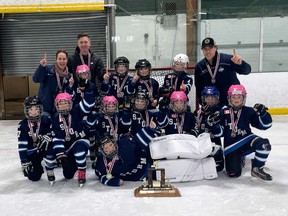 The Saugeen Shores Storm under-9 C team won the year-end tournament in Ripley this past week by shutting out Owen Sound 2-0 in the final game. Photo submitted. 

Back row from left to right: Hudsyn, Camilla, Eden, Scarlett. Middle row: Maille, Audrey, Brexton, Anna, Sophie, Sutton, Carrstyn. Front row: Everly.  Coaches, Jaime, Craig and Josh.