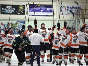 The Shallow Lake Crushers topped the Petrolia Squires 4-1 to win the Western Ontario Athletic Association Senior A Championship at the Shallow Lake and District Community Centre on Sunday, April 3, 2022. Greg Cowan/The Sun Times