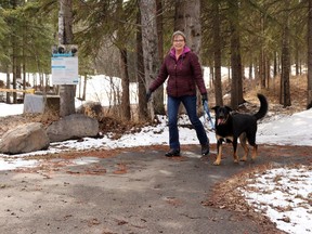 Annette Kay took Hailey out on the trail at Centennial Park this week. Council is considering rebuilding and widening the paved pathway, which stretches five kilometres.