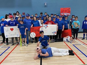 Whitecourt Minor Baseball members held a watch party at École St. Mary School to take in the Blue Jays pre-game central. It was here where they learned the club was one of 16 recipients across Canada of the Field of Dreams grants.