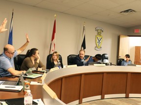 Councillors (l-r) Braden Lanctot, Derek Schlosser and Serena Lapointe, "Mayor for a Day" Tehya Ophus, Mayor Tom Pickard, "Mayor for a Day" Josiah Moore, and councillors Tara Baker and Paul Chauvet reviewed the budget. Council voted unanimously to adopt it.