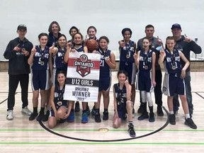 The Chatham-Kent U12 Wildcats won Division 2 gold at the Ontario Cup basketball championship. The Wildcats are, front row, left: Jules Orr and Claire Ellis. Second row: Scarlett Leigh, Rebecca Morrison, Cristelle Suffi, Leah Parker, Abby Johnston and Kayce Ferren. Third row left: coach Cristian Suffi, coach Shane Vanmoorsel, Aliyah Lee Hermitt, Macy Vanmoorsel, Alyssa Lee Hermitt, coach Mathew Johnston and coach Chris Ferren. Logyn Moreau and coach Frankie Parker are absent. (Contributed Photo)
