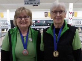 Local bowlers Faye Smith (right) and Linda Olson won medals at Alberta55Plus Winter Games held in Edmonton Apr.7-9.