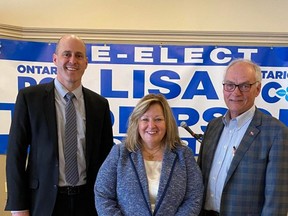 Huron-Bruce MP Ben Lobb, left, and retiring Perth Wellington MPP Randy Pettapiece, helped kick off Progressive Conservative candidate Lisa Thompson's fourth campaign Saturday, April 23, 2022 at her campaign office in Wingham.