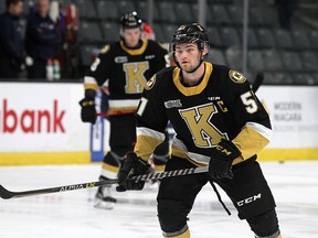 Kingston Frontenacs captain Shane Wright  warms up prior to Game 5 of the Ontario Hockey League Eastern Conference quarter-final game against the Oshawa Generals at the Leon's Centre in Kingston on Saturday, April 30, 2022.