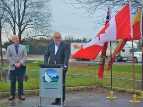In a formal announcement along Highway 401 in Belleville Monday, Mayor Mitch Panciuk, left, was joined by Todd Smith, Bay of Quinte MPP, to confirm it’s all systems go for the Belleville East Arterial Road (BEAR) Highway 401 interchange. DEREK BALDWIN