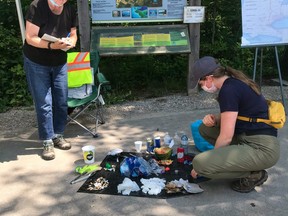 Volunteers sort and record litter collected in Bruce Peninsula National Park near Tobermory. Analysis of the types of litter found is used to help understand threats to the environment and encourage more sustainable trail use.
