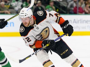 Anaheim Ducks defenceman Hunter Drew (72) skates against the Dallas Stars in the third period of a National Hockey League game in Dallas on April 29.