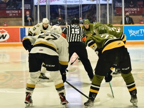 Lucas Edmonds of the Kingston Frontenacs and Matvey Petrov of the North Bay Battalion line up for the opening faceoff of their Ontario Hockey League game March 6. The Troops host the first game of an Eastern Conference semifinal Friday night.
Submitted Photo