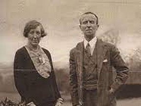 •	Authors Susan and John Buchan, with one of their canine companions, probably at Elsfield Manor – John’s “ivory tower” where they were since 1920, when the Manor was purchased. From 1935-1940, they lived at Rideau Hall when John, as Lord Tweedsmuir, was Canadian Governor General. Photograph from Queen’s University website.