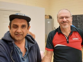 Chandru Krishnan, winner of the A division, poses with runner-up Francois Caron at the Sudbury Smashers Table Tennis Club event on April 23. Twenty-two competitors registered for the event. B division winner was Roger Couture and runner-up was Kaivaiya Dahale. C division winner was Omar Ahmadzai, while runner-up was Jerrol Bruser. D division winner was Ulrish Glaou and runner up was Mike MacBurnie. Anyone interested in table tennis can call Craig Morrison at 705-523-1944 or email sudburysmashers@personainternet.com.