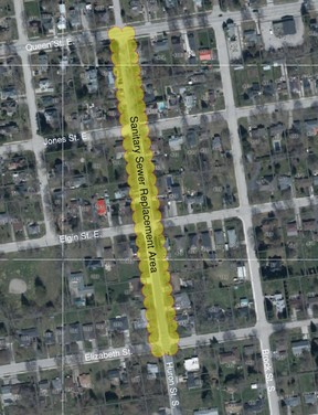 A map shows where the Town of St. Marys will be excavating over the next two months to replace a three-block section of crumbling asbestos-cement sewer main under Huron Street East.  Submitted image
