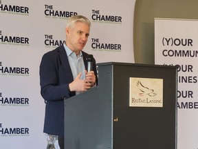 Edmonton-Wetaskiwin MP Mike Lake addresses members of the Leduc, Nisku and Wetaskiwin Regional Chamber of Commerce at the monthly luncheon, April 29, at Red Tail Landing Golf Club. (Dillon Giancola)