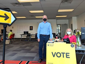 Perth-Wellington Returning Officer Tim Doherty (left) and resource staff member Barb Smith are ready to receive early voters in the 2022 provincial election at the Perth-Wellington Returning Office at the University of Waterloo Stratford campus. Galen Simmons/The Beacon Herald/Postmedia Network